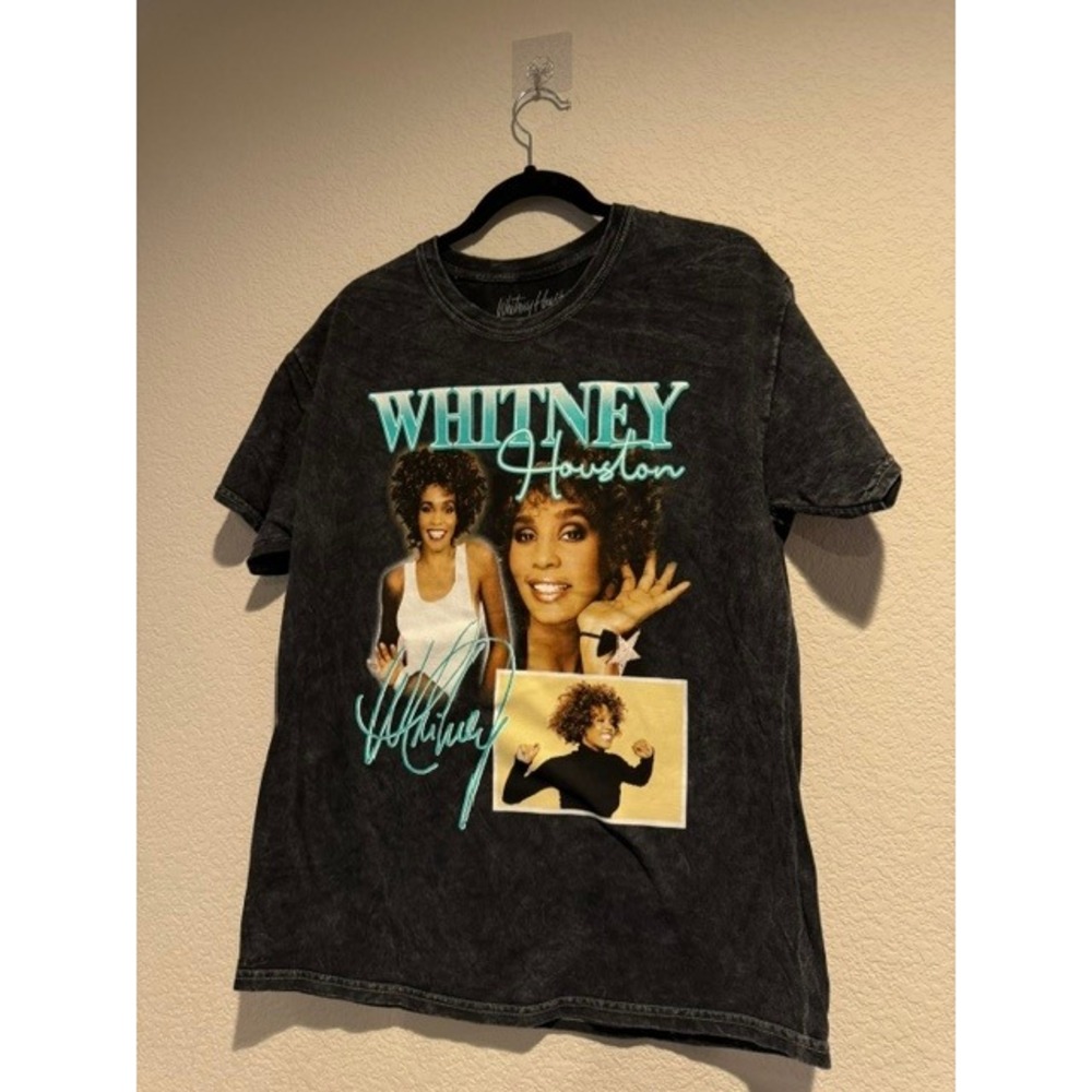 Whitney Houston Mineral Wash‎ Graphic T-Shirt Charcoal Grey Vintage Style Small